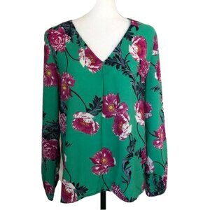 NWT VERA MODA Long Sleeve Top Blouse Size Large Seafoam Green Pink Floral V-Neck